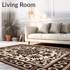 Dark Brown Cream Floral Medallion Border Rug