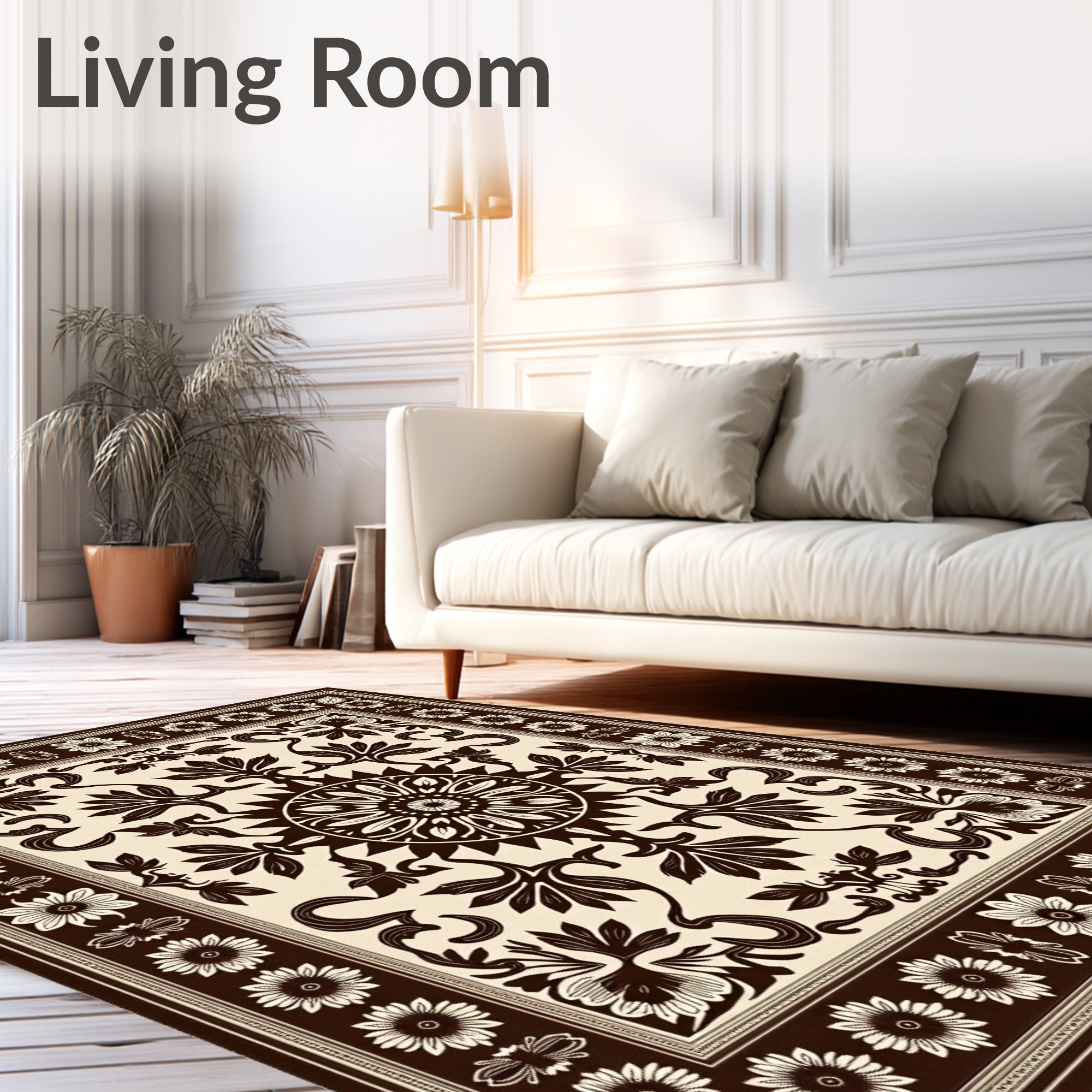 Dark Brown Cream Floral Medallion Border Rug
