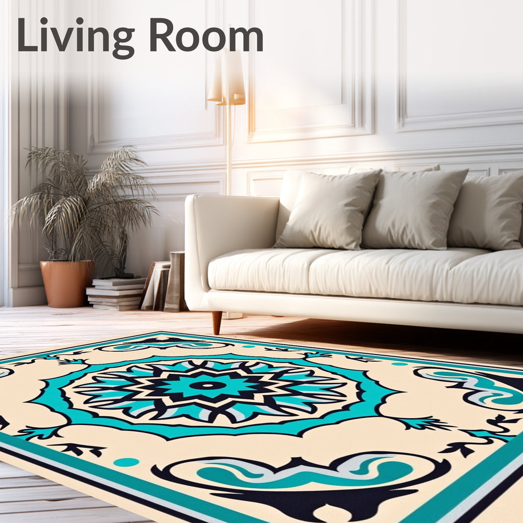 Turquoise Floral Medallion Cream Border Rug