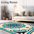 Turquoise Floral Medallion Cream Border Rug