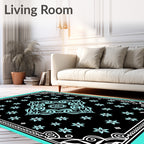 Black Turquoise Floral Mandala Border Rug