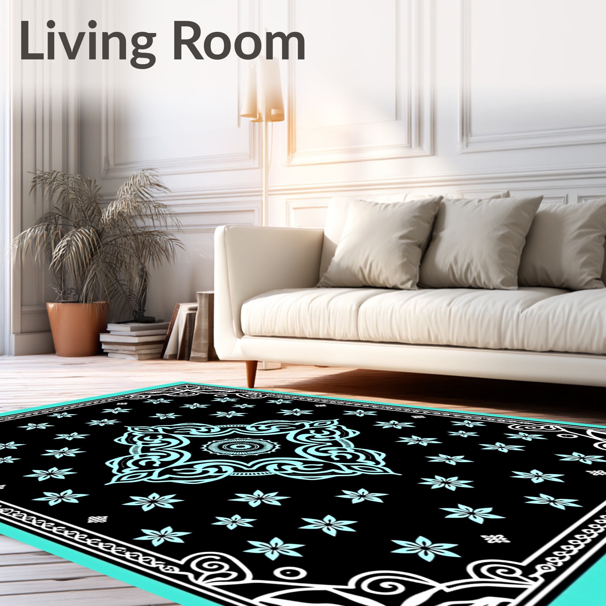 Black Turquoise Floral Mandala Border Rug