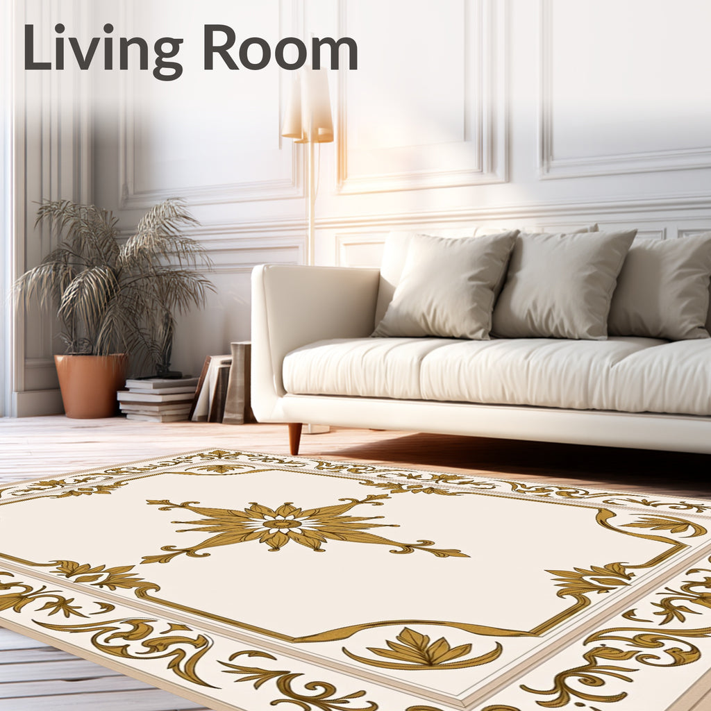Ornate Gold Floral Medallion Cream Rug