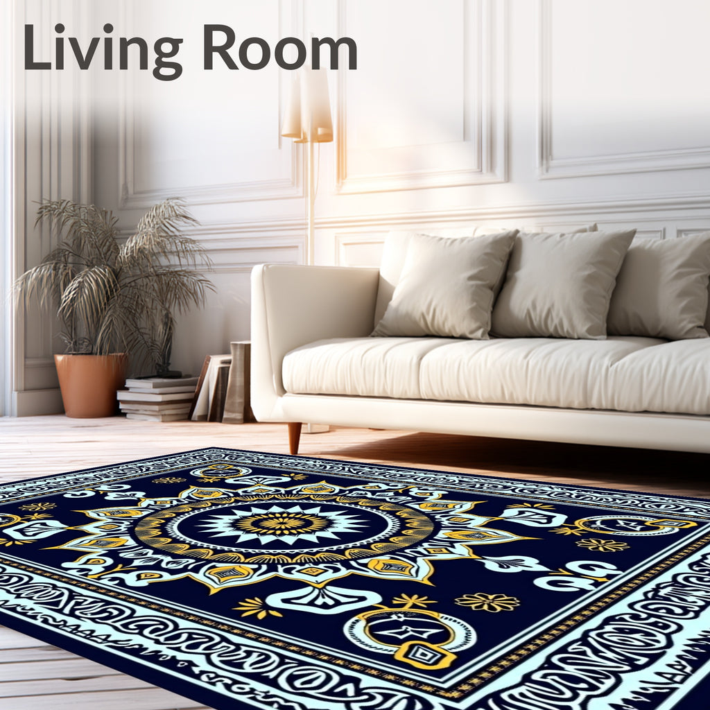 Navy Blue Golden Sunburst Mandala Rug