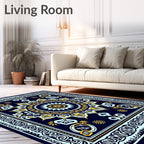 Navy Blue Golden Sunburst Mandala Rug