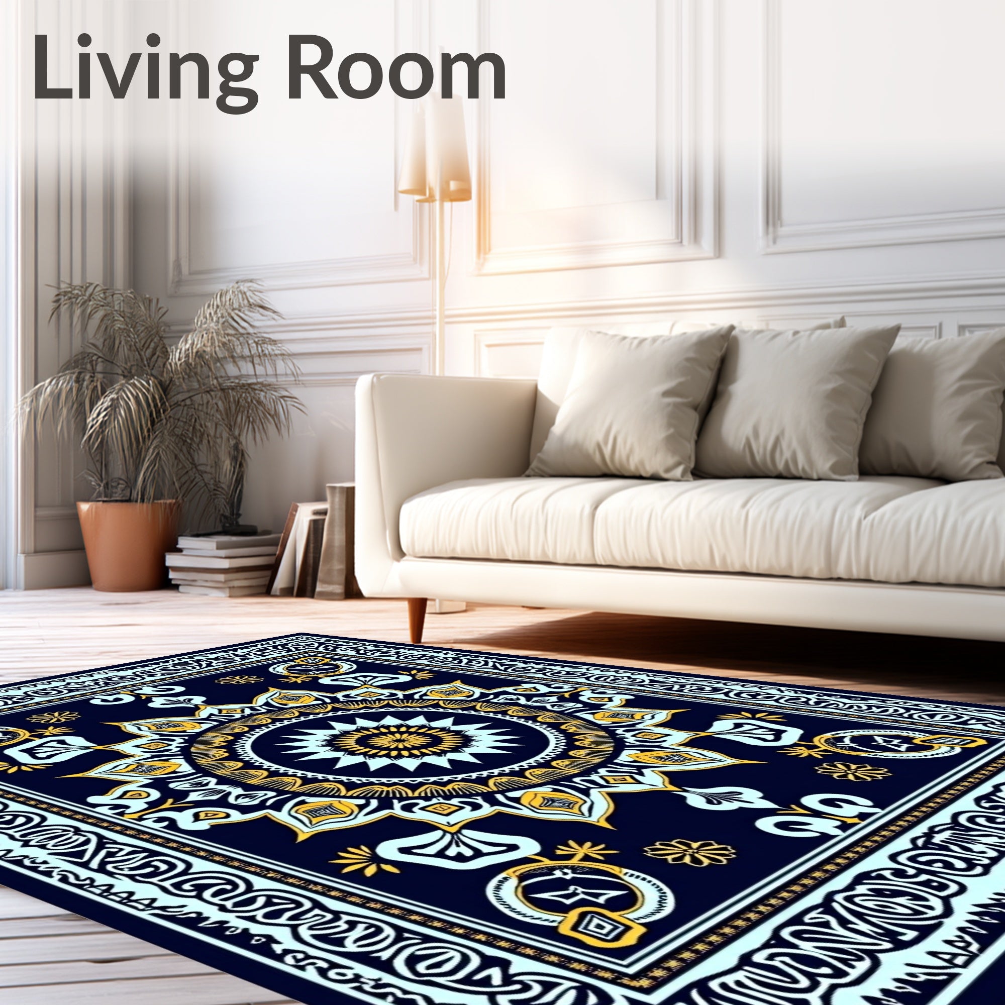 Navy Blue Golden Sunburst Mandala Rug
