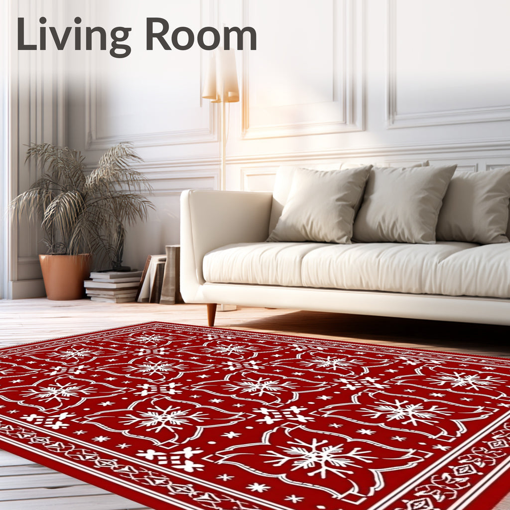 Bold White Snowflake Red Grid Rug