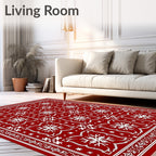 Bold White Snowflake Red Grid Rug