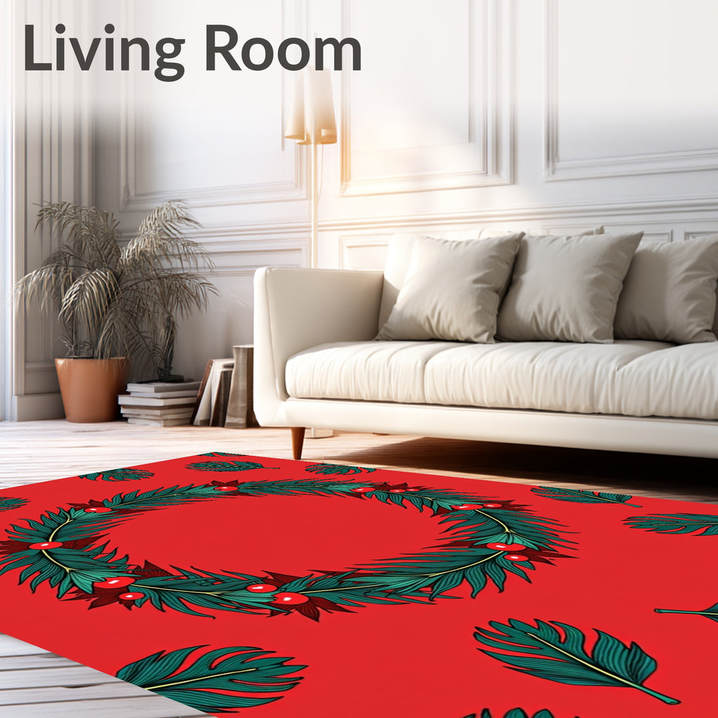 Festive Emerald Wreath Red Background Rug