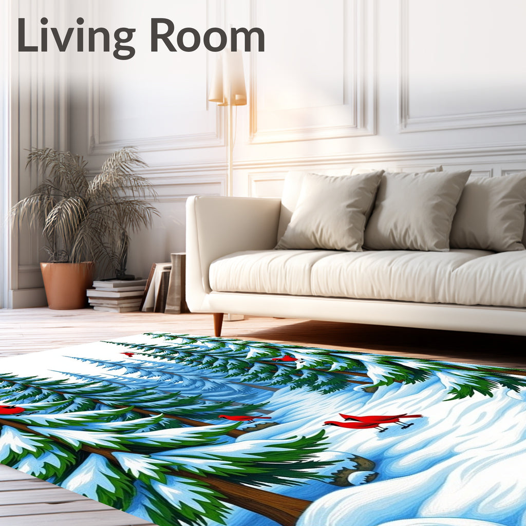 Winter Cardinal Forest Snow Scene Rug