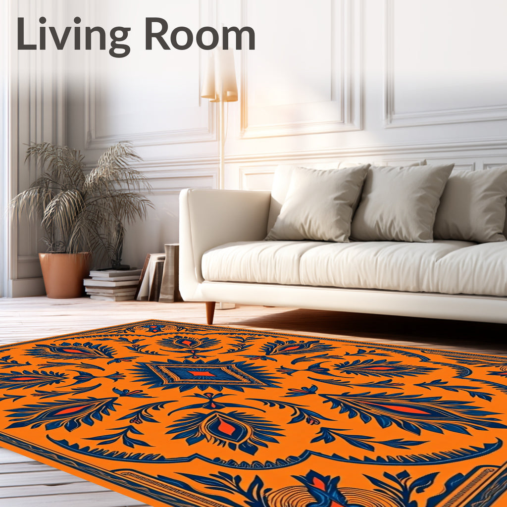 Bold Orange Blue Symmetrical Floral Diamond Rug