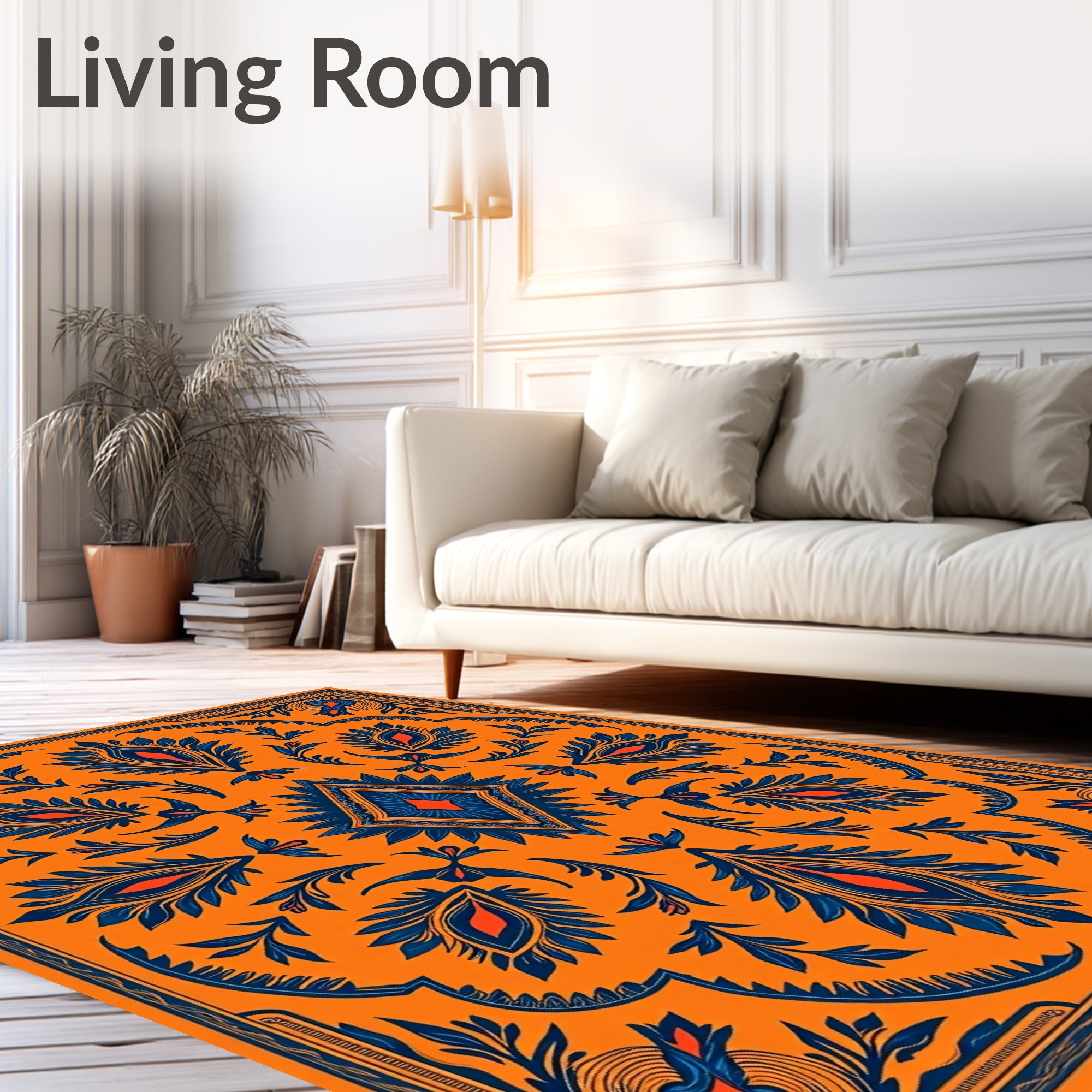 Bold Orange Blue Symmetrical Floral Diamond Rug