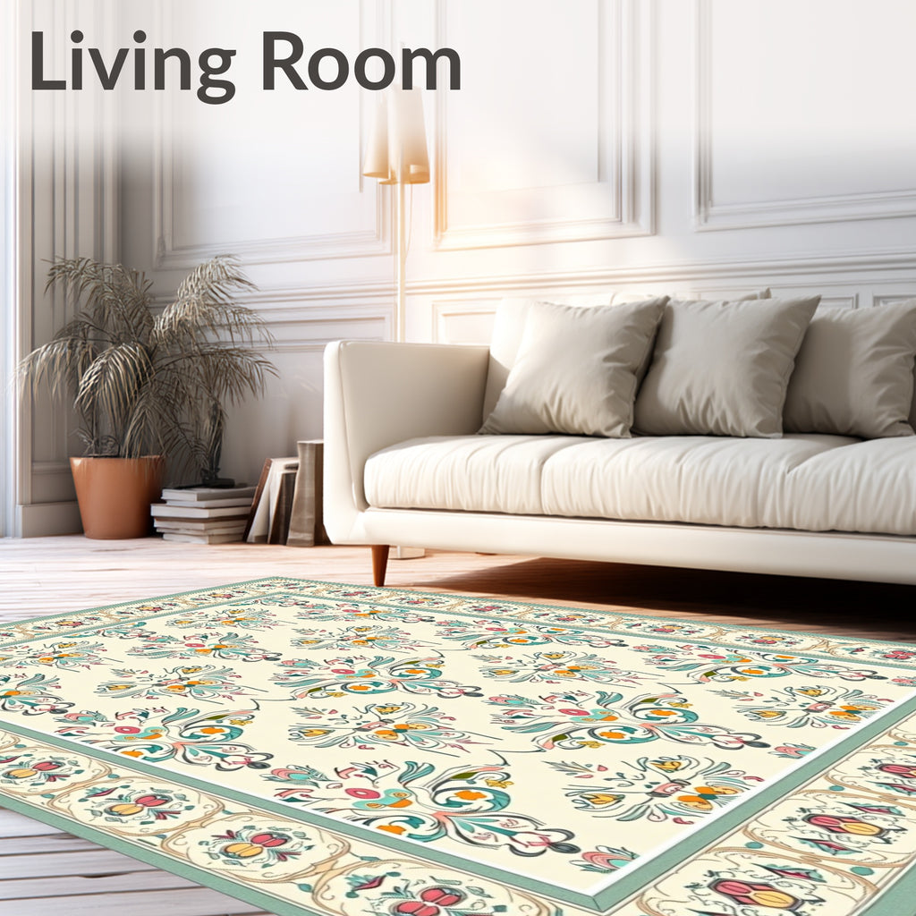 Cream Teal Floral Cameo Rug