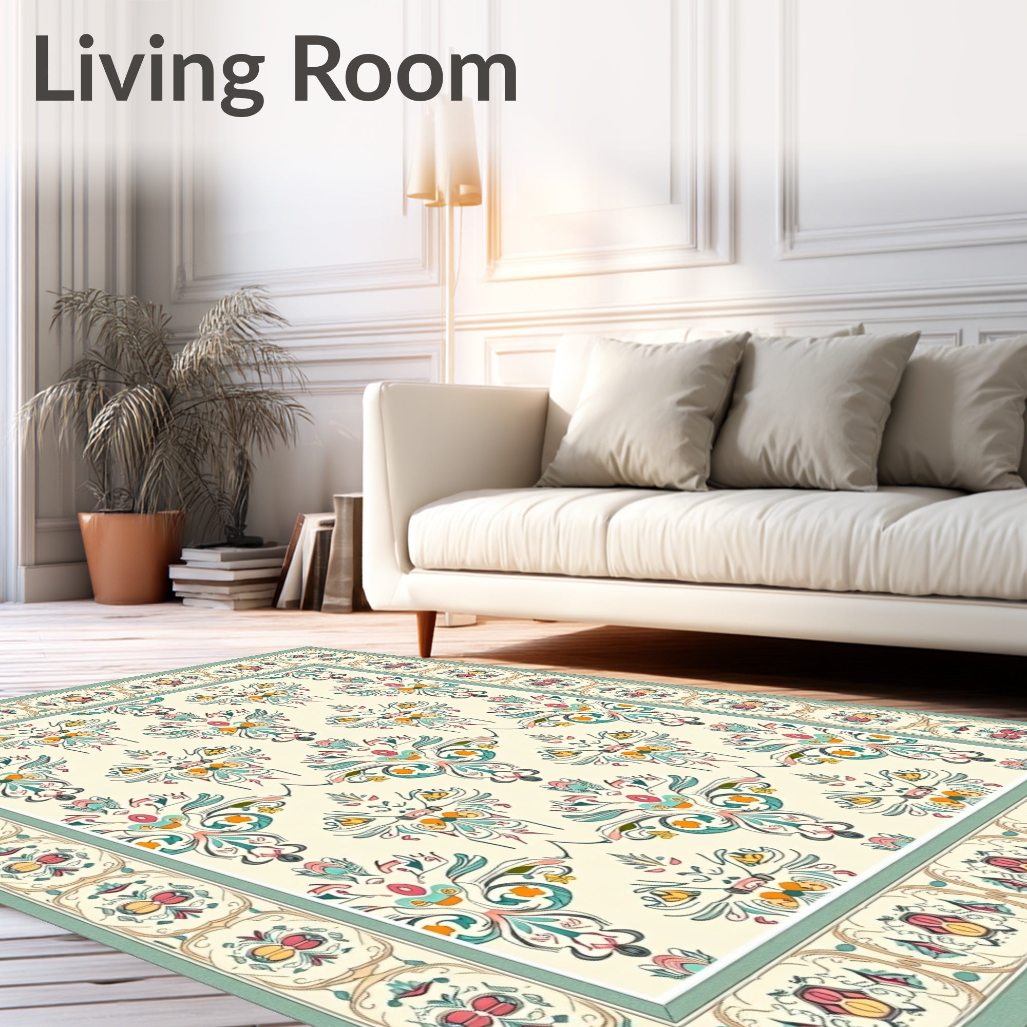 Cream Teal Floral Cameo Rug
