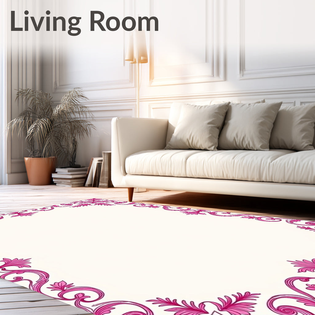 Ornate Pink Floral Vine Border Rug