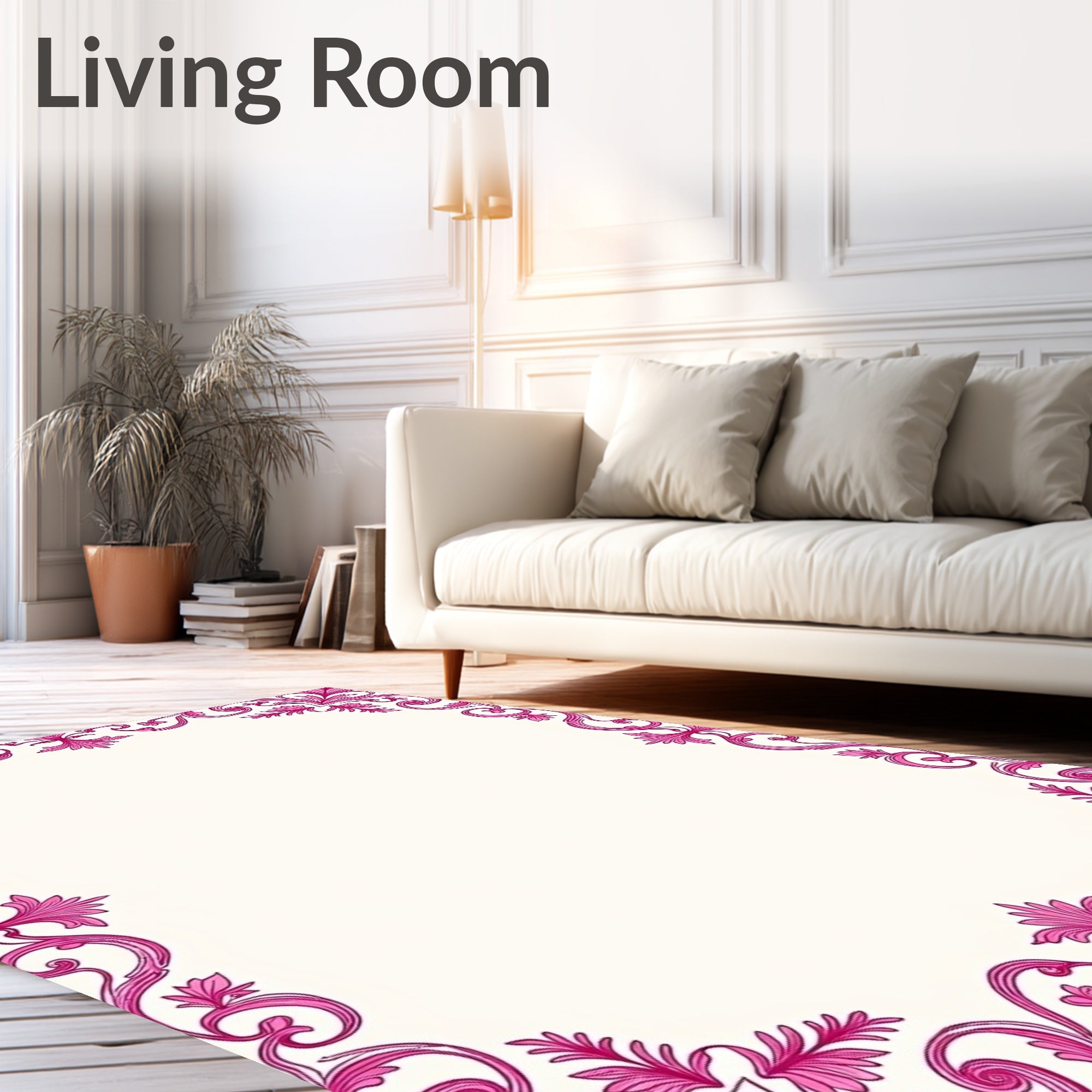 Ornate Pink Floral Vine Border Rug