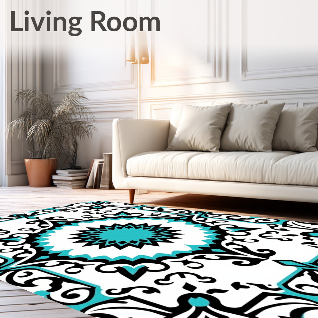 Turquoise Black White Scroll Medallion Rug
