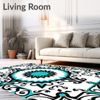 Turquoise Black White Scroll Medallion Rug