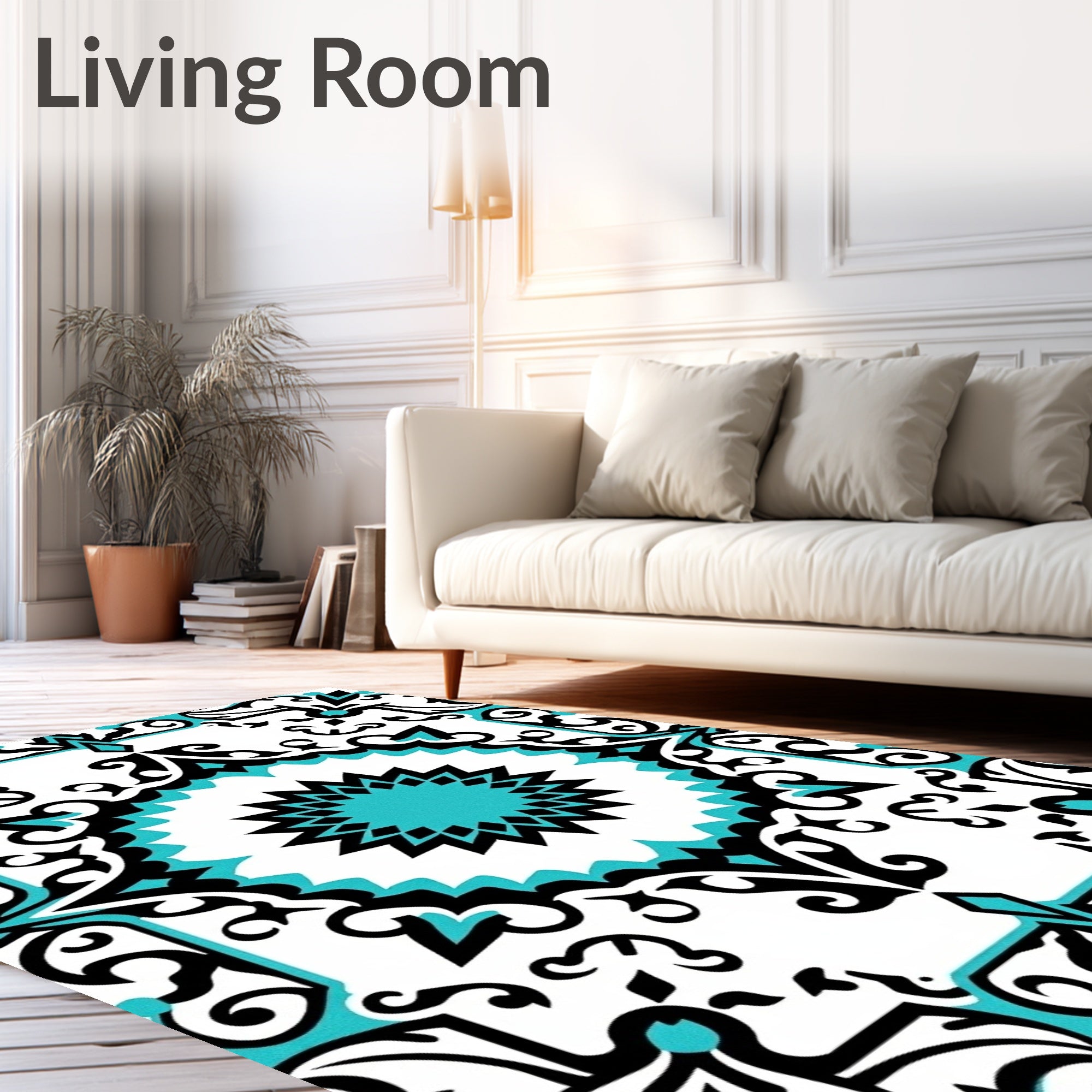 Turquoise Black White Scroll Medallion Rug