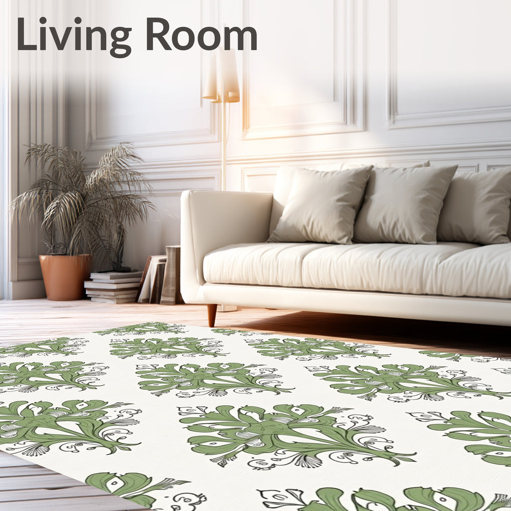 Sage Green Leafy Damask Medallion Rug