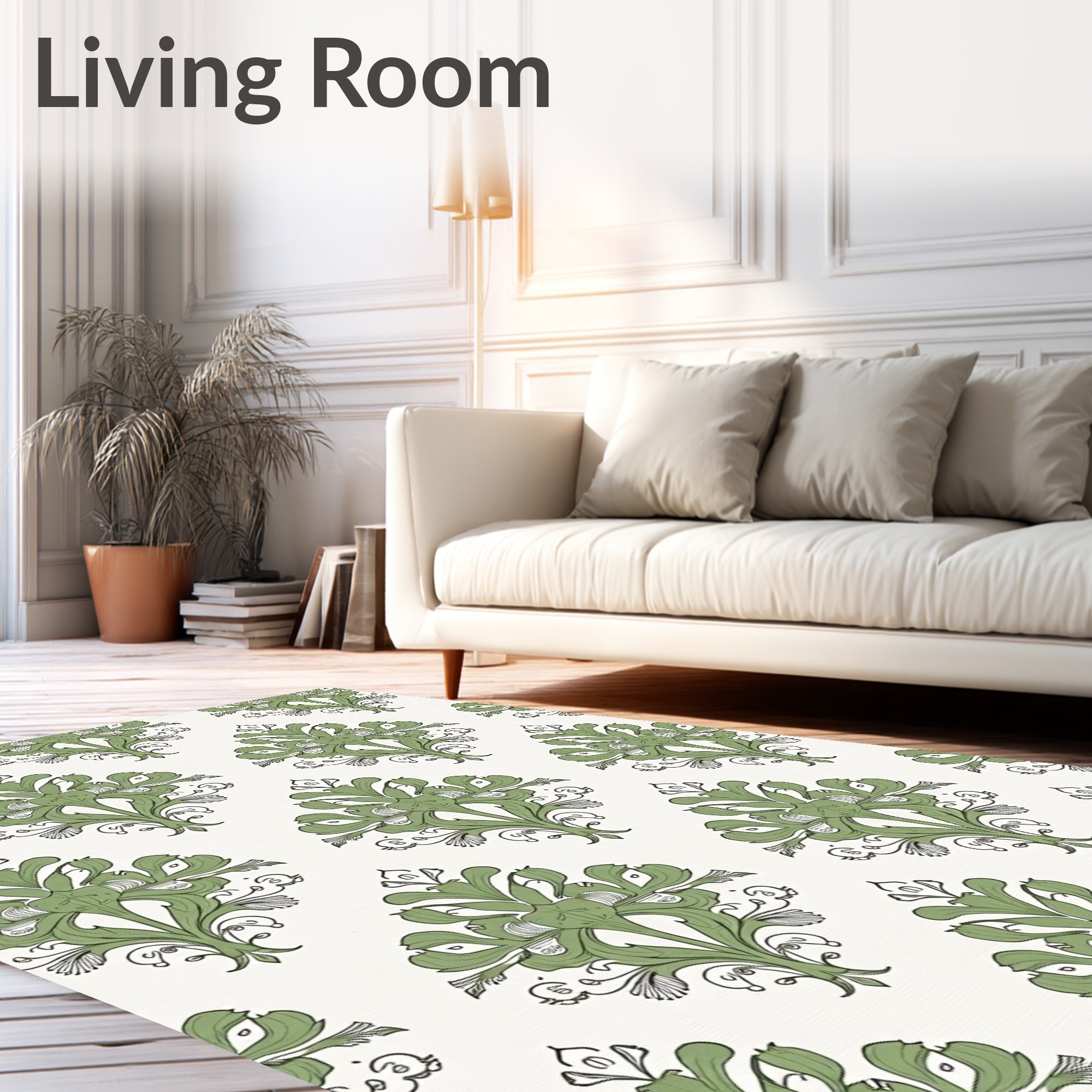 Sage Green Leafy Damask Medallion Rug