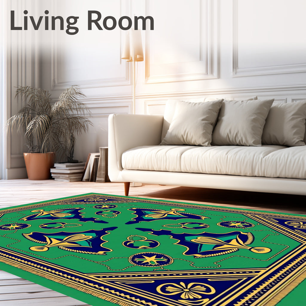 Emerald Blue Gold Symmetry Scroll Rug