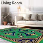 Emerald Blue Gold Symmetry Scroll Rug