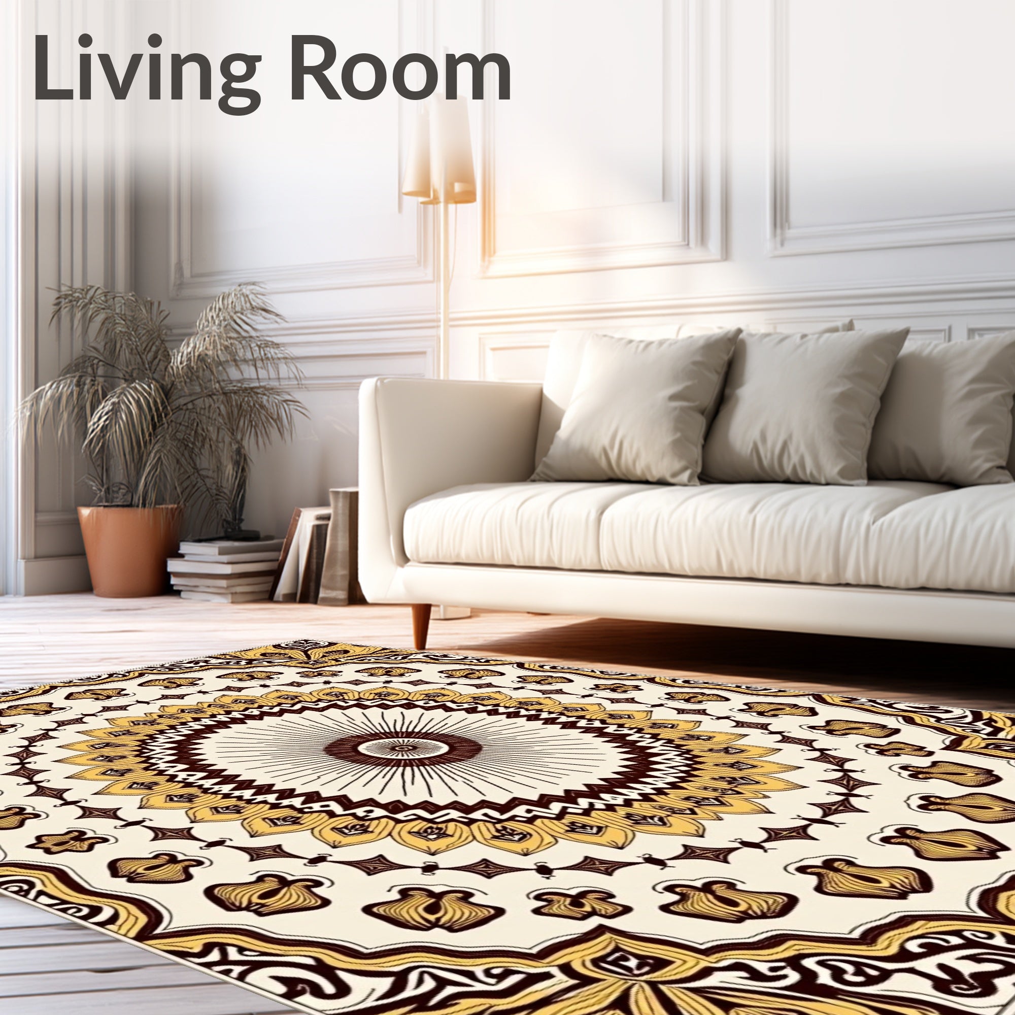 Cream Brown Sunburst Mandala Floral Rug