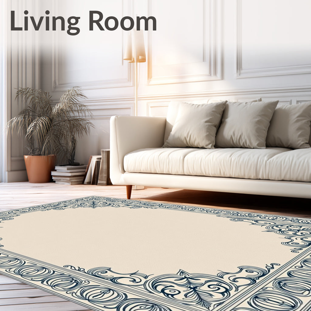 Ornate Navy Blue Classic Scroll Border Rug