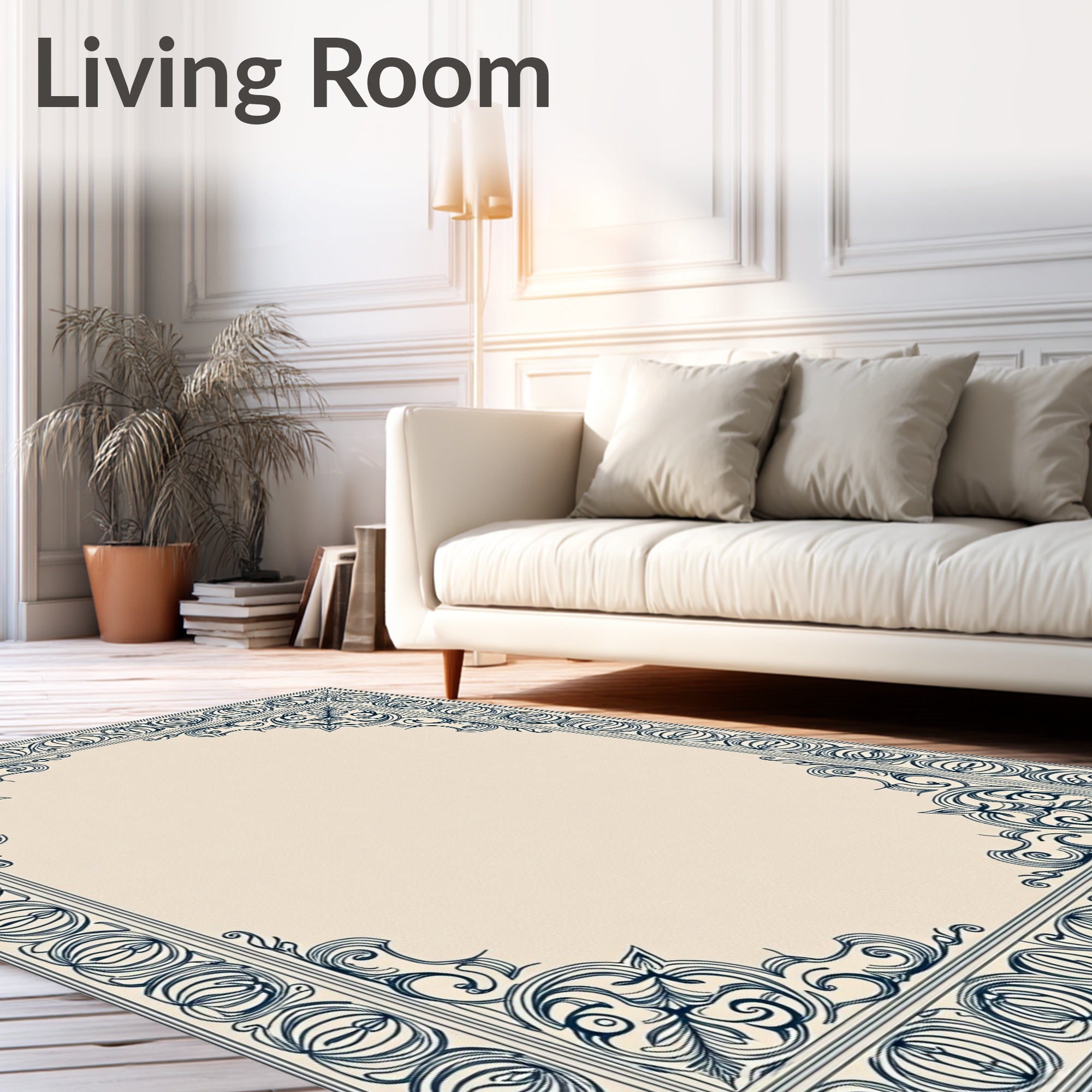 Ornate Navy Blue Classic Scroll Border Rug