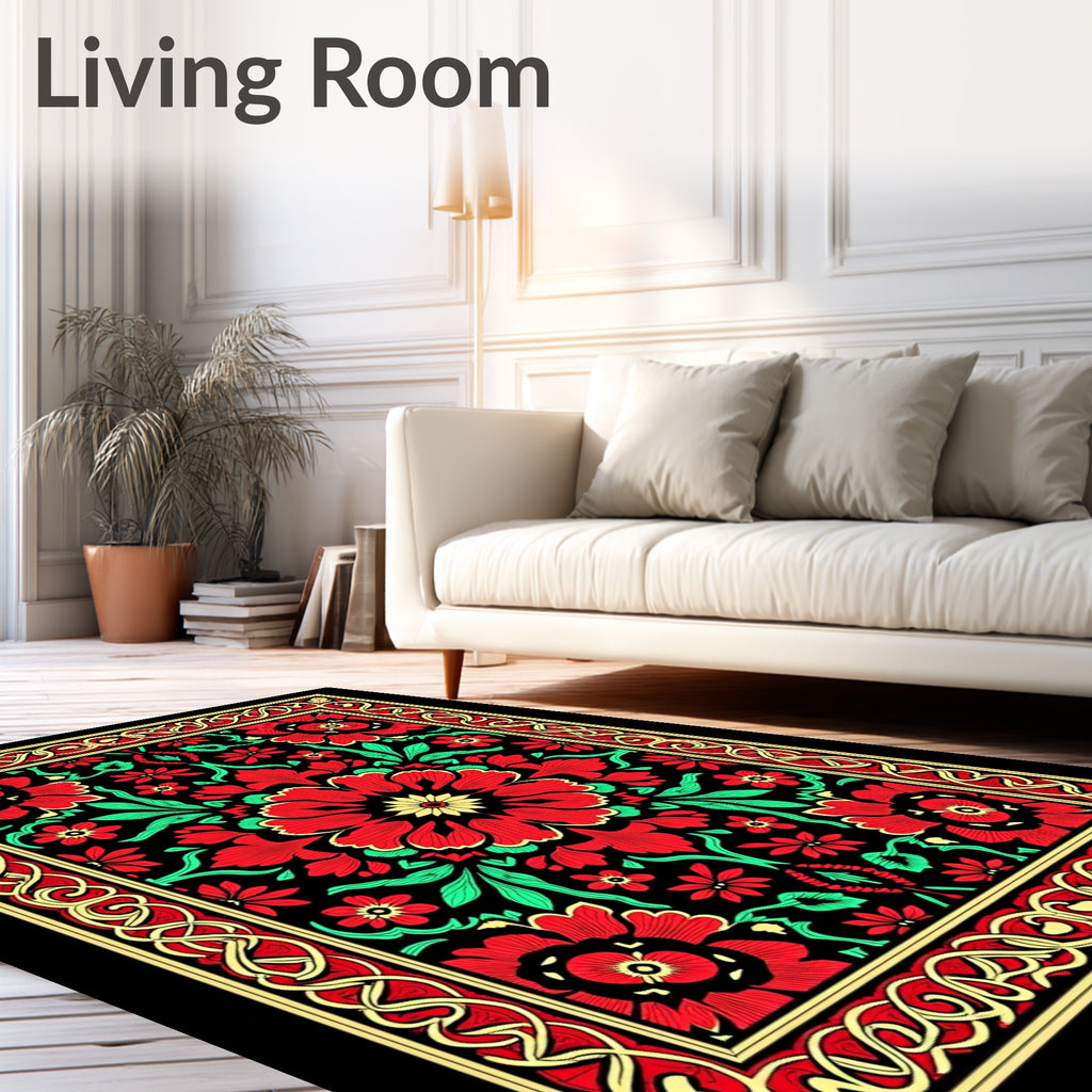 Ornate Red Floral Black Medallion Rug