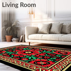 Ornate Red Floral Black Medallion Rug
