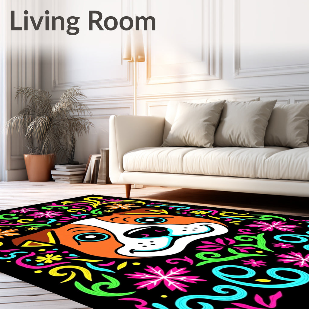 Vibrant Dog Face Colorful Floral Swirls Rug
