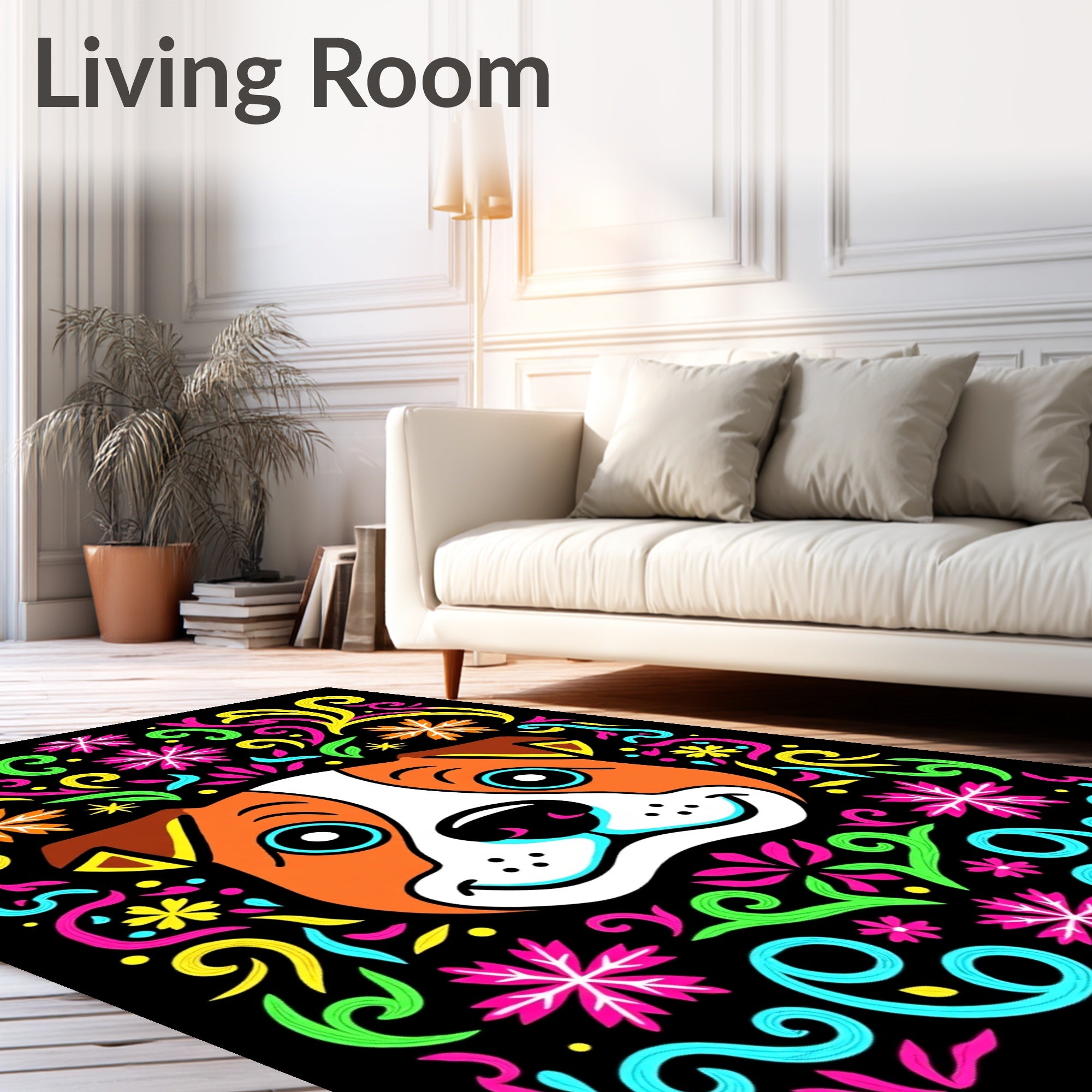 Vibrant Dog Face Colorful Floral Swirls Rug