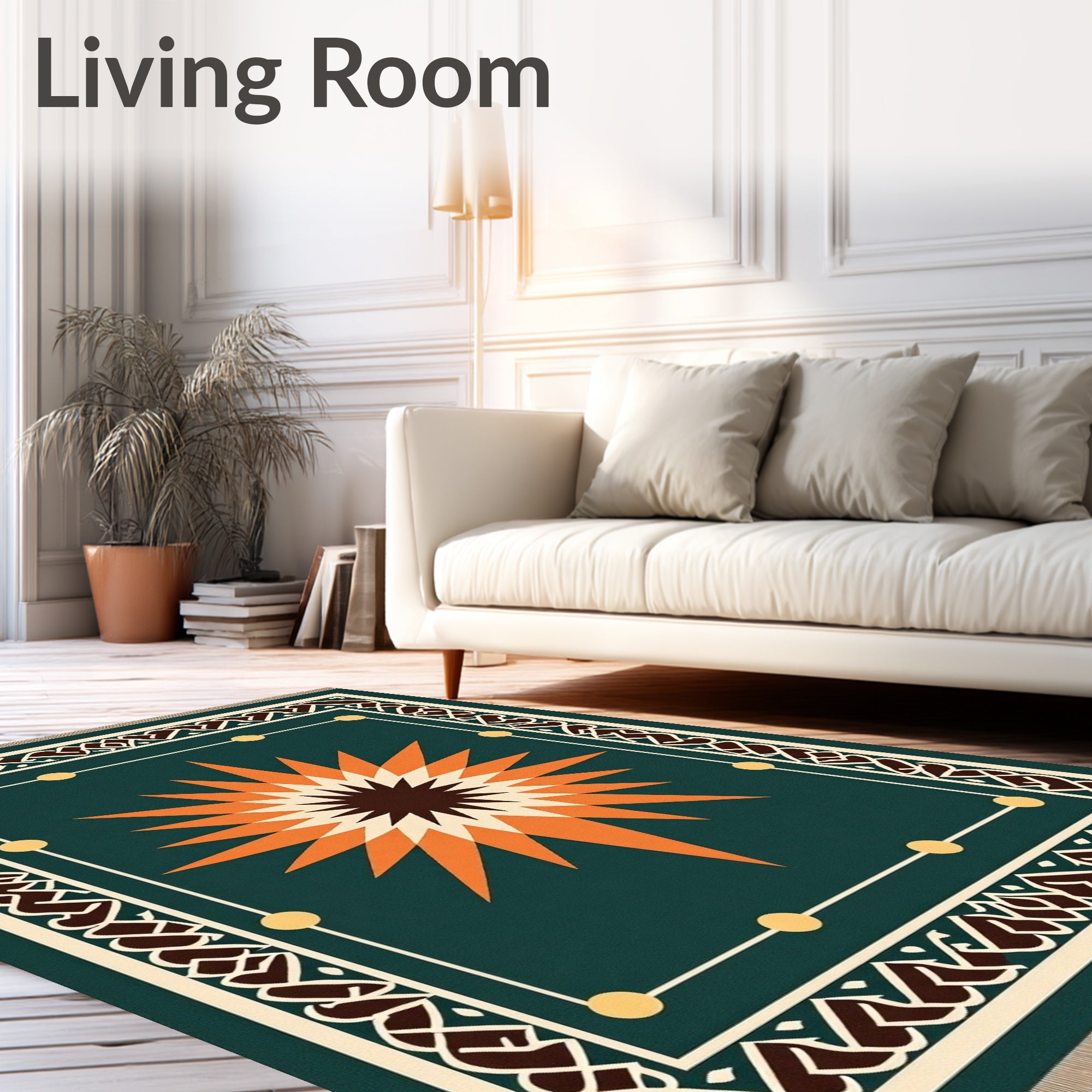 Emerald Orange Sunburst Intricate Border Rug
