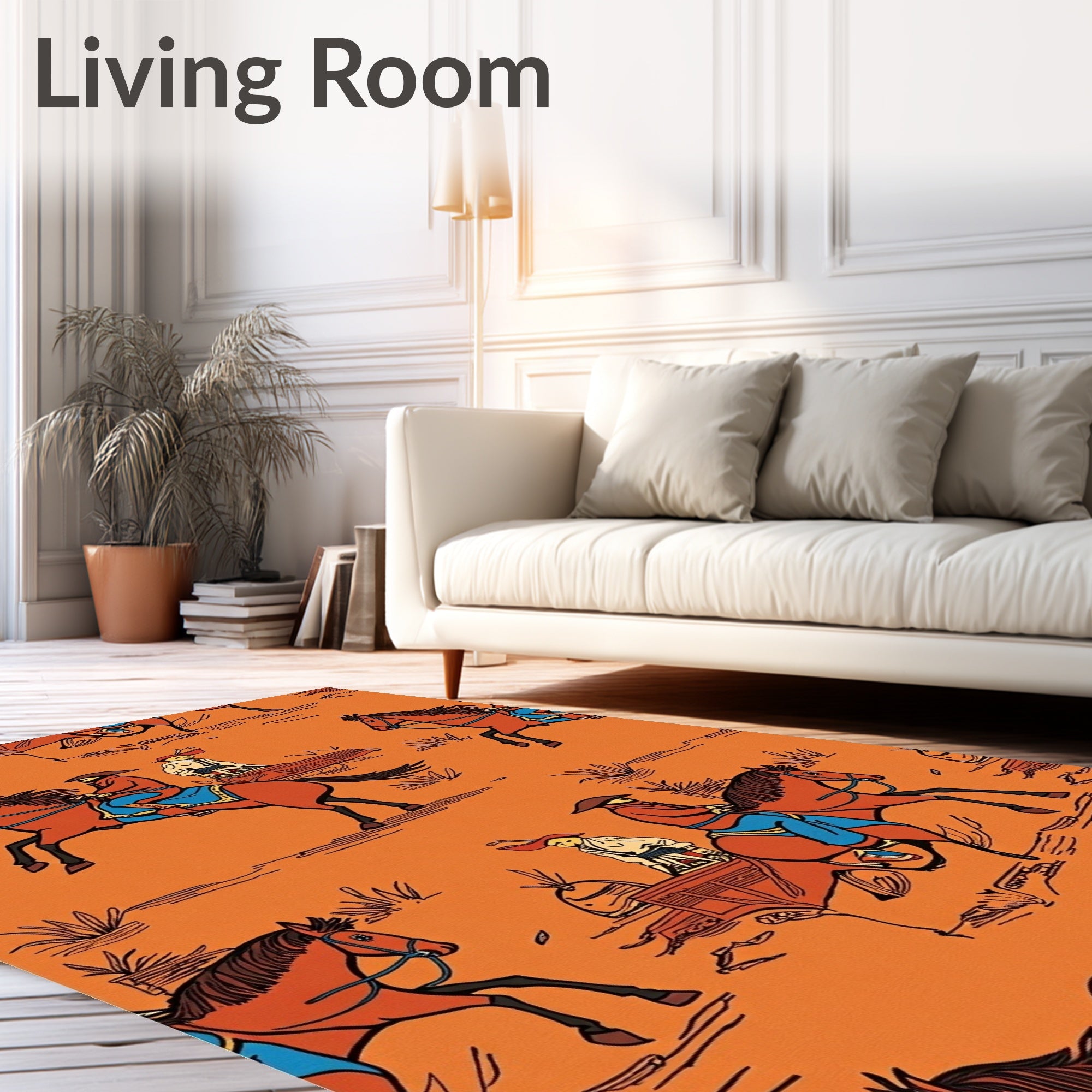 Western Cowboys Riding Horses Orange Rug