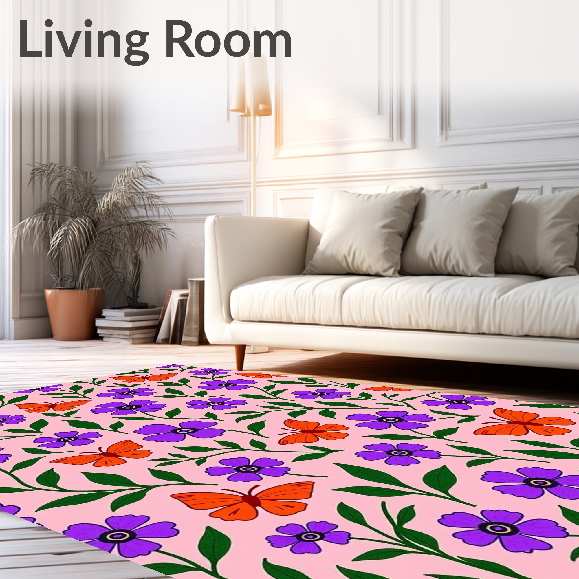 Purple Floral Orange Butterfly Garden Rug