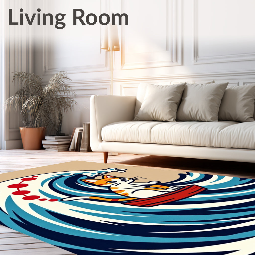 Kitten on Red Boat Great Wave Rug