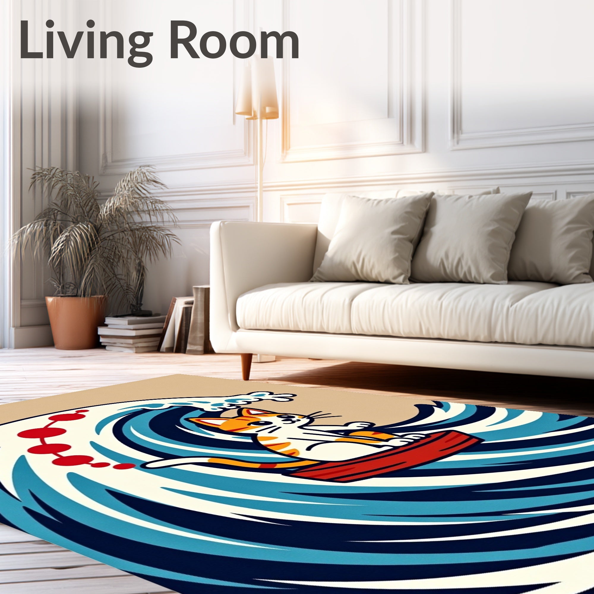 Kitten on Red Boat Great Wave Rug