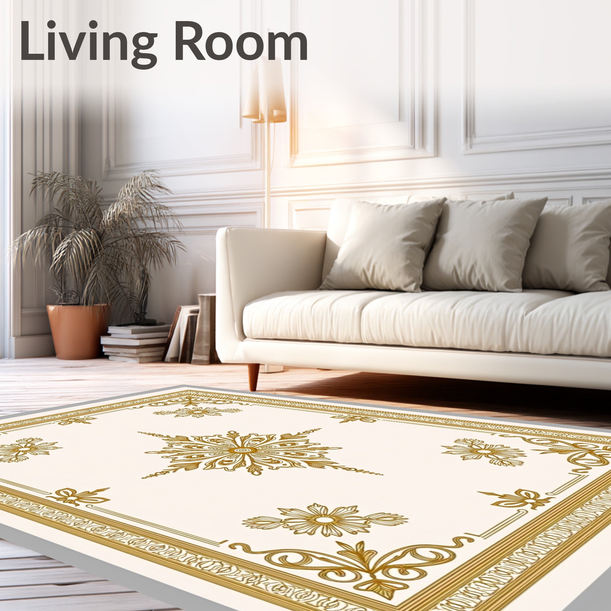 Golden Ornate Floral Medallion Ivory Rug