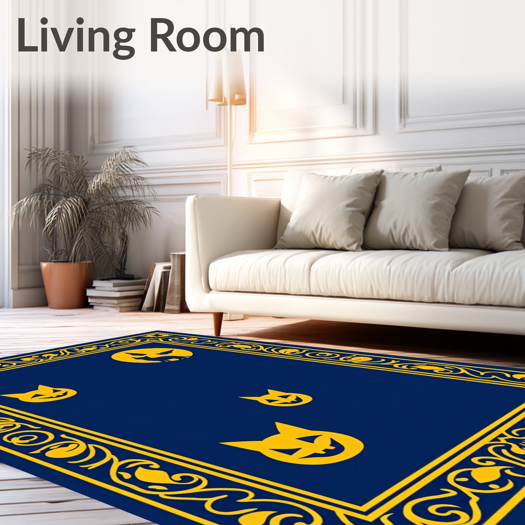 Midnight Blue Yellow Halloween Cat Frame Rug