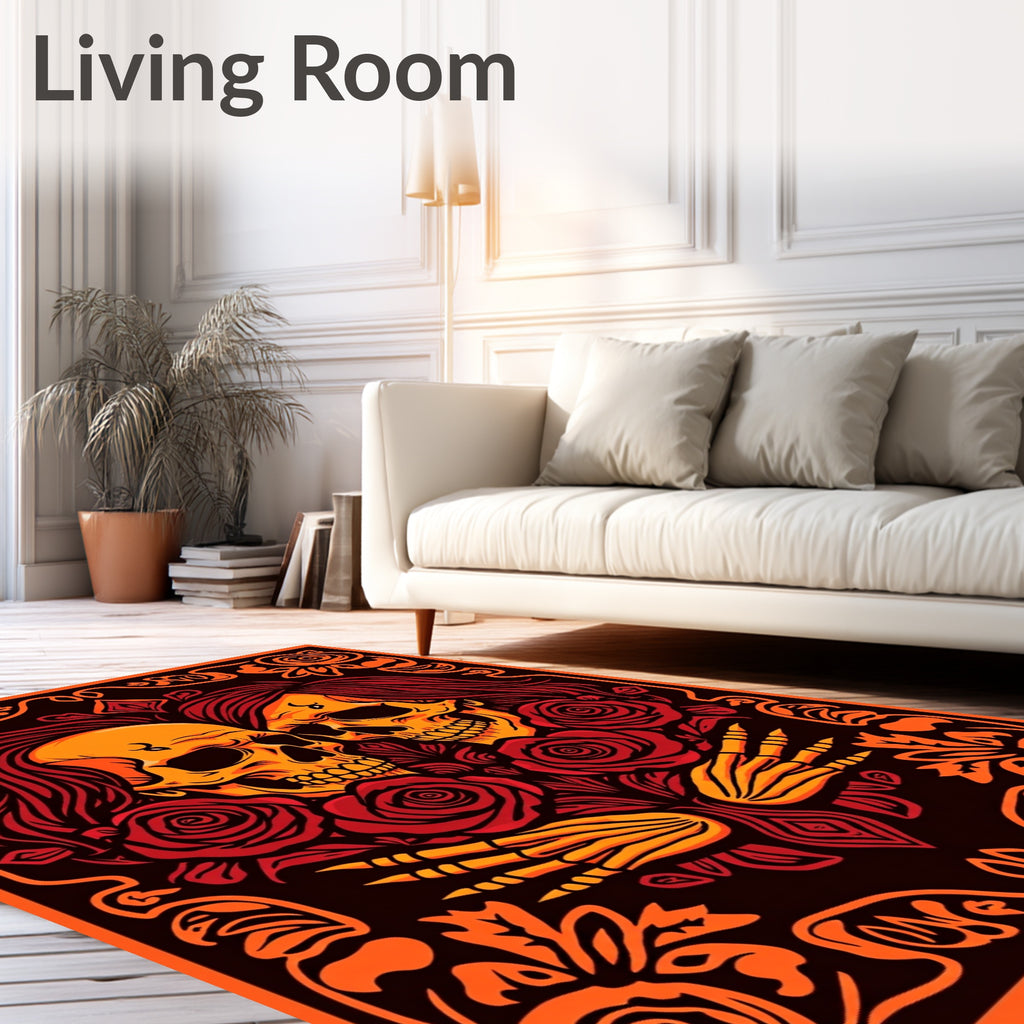 Fiery Skull Embrace Rose Tapestry Rug