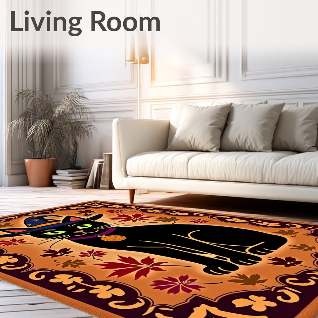 Whimsical Black Cat Wizard Autumn Rug