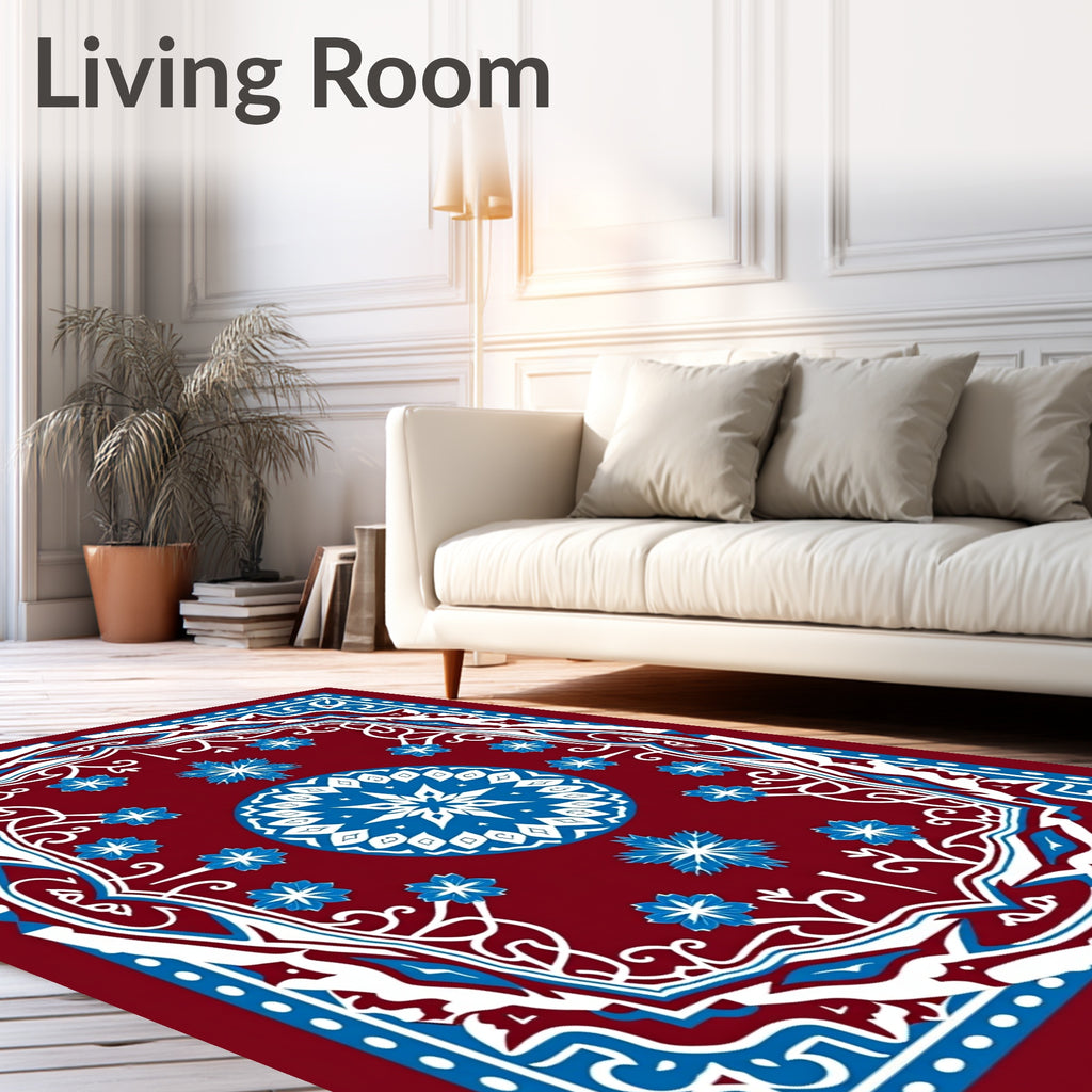Crimson Blue Intricate Mandala Floral Rug