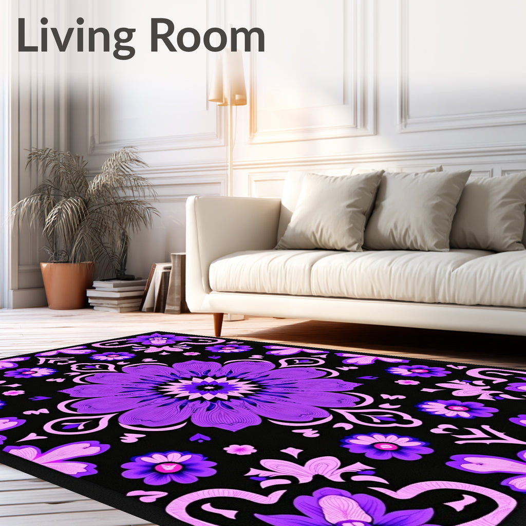 Vibrant Purple Floral Mandala Black Rug