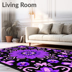 Vibrant Purple Floral Mandala Black Rug