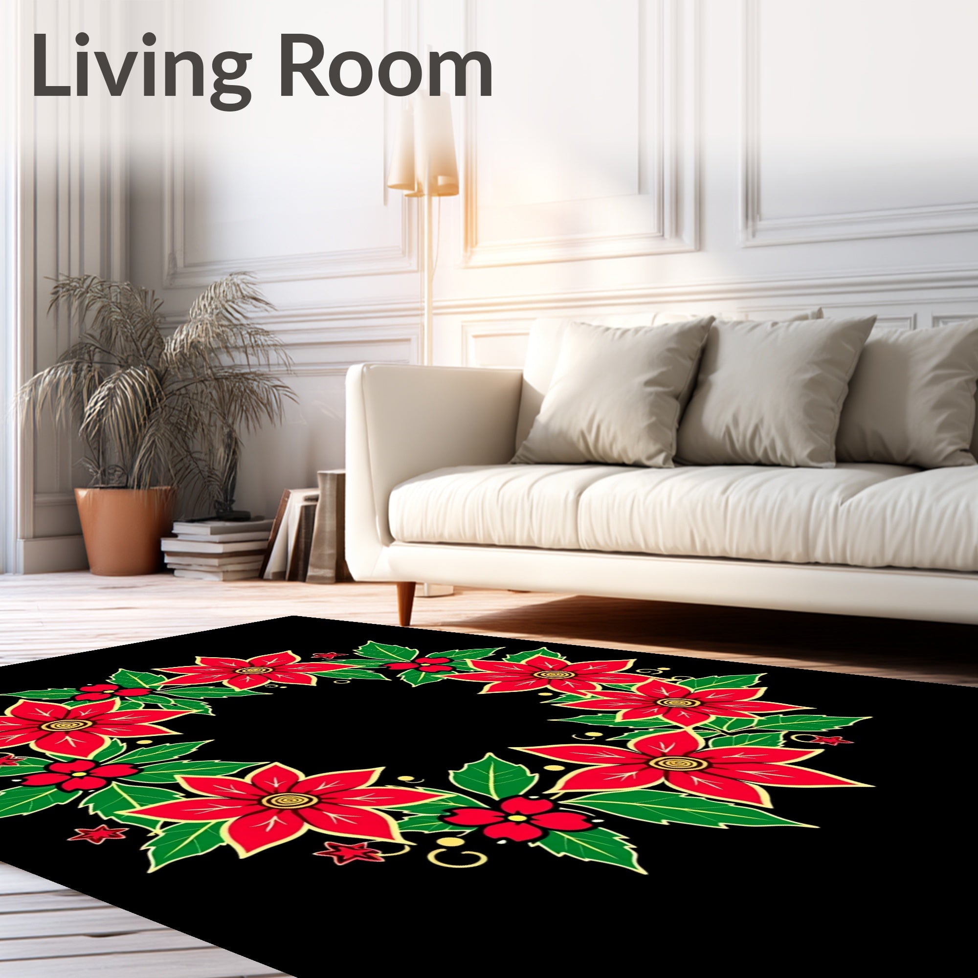 Festive Red Poinsettia Green Leaf Wreath Rug