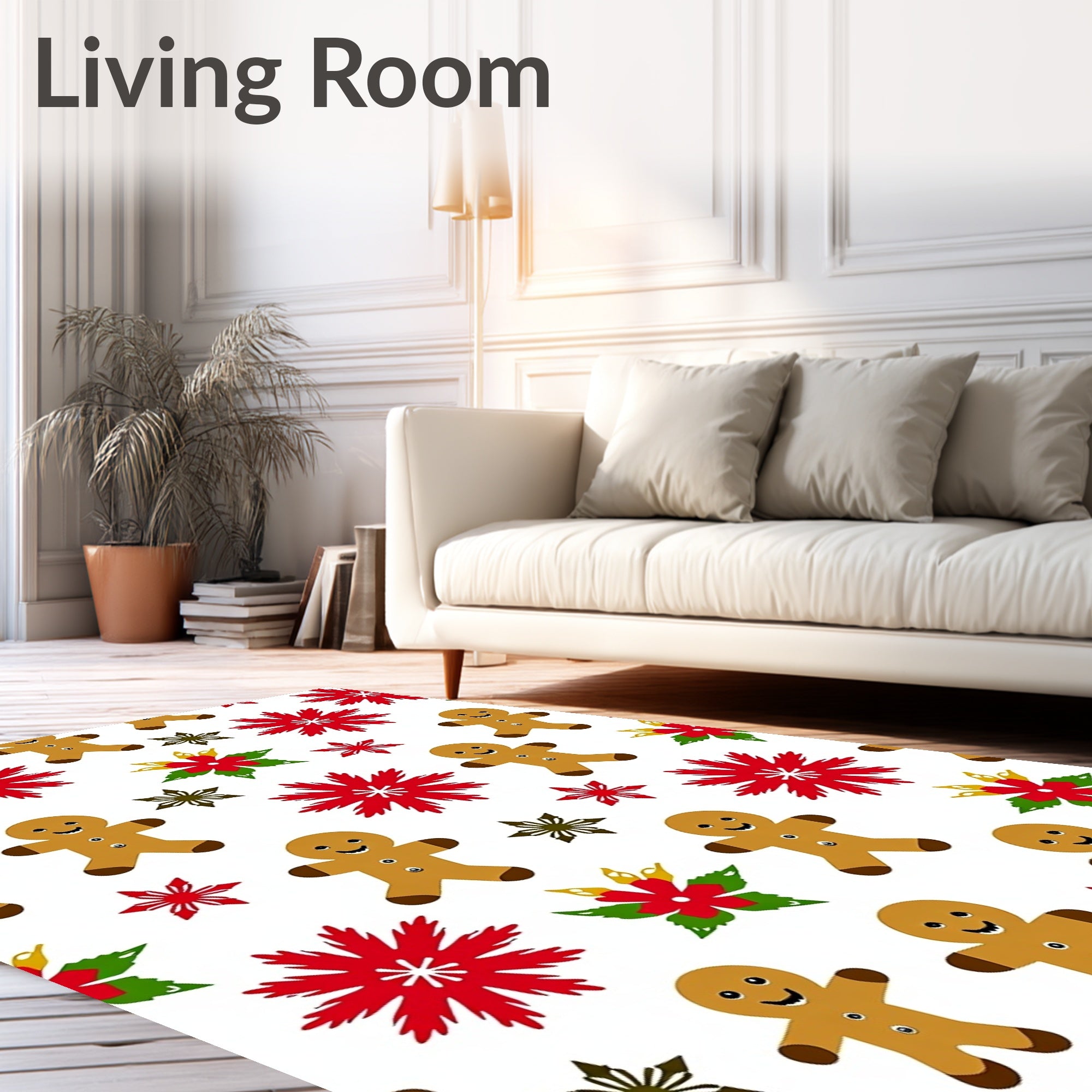 Gingerbread Man Red Poinsettia Snowflakes Rug