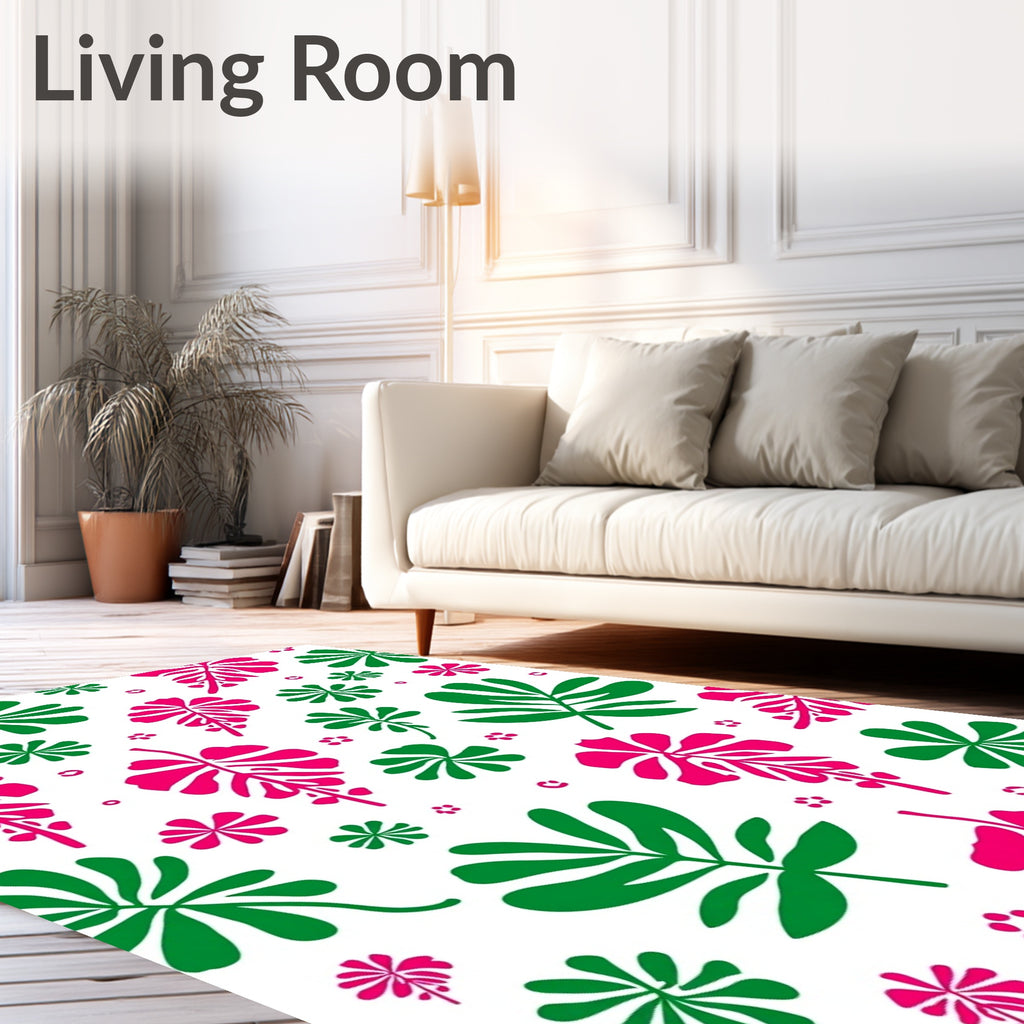 Bold Pink Green Tropical Leaf Collage Rug