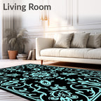 Black Aqua Floral Medallion Mandala Rug